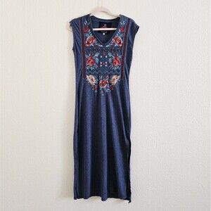 Johnny Was Blue Embroidered Ariella Side Slit  Dress Size XS Sleeveless